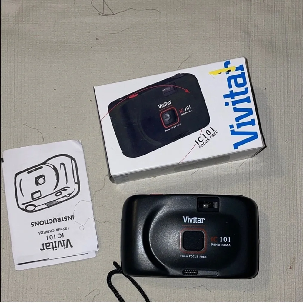Black Compact Film Camera with Built-in Flash